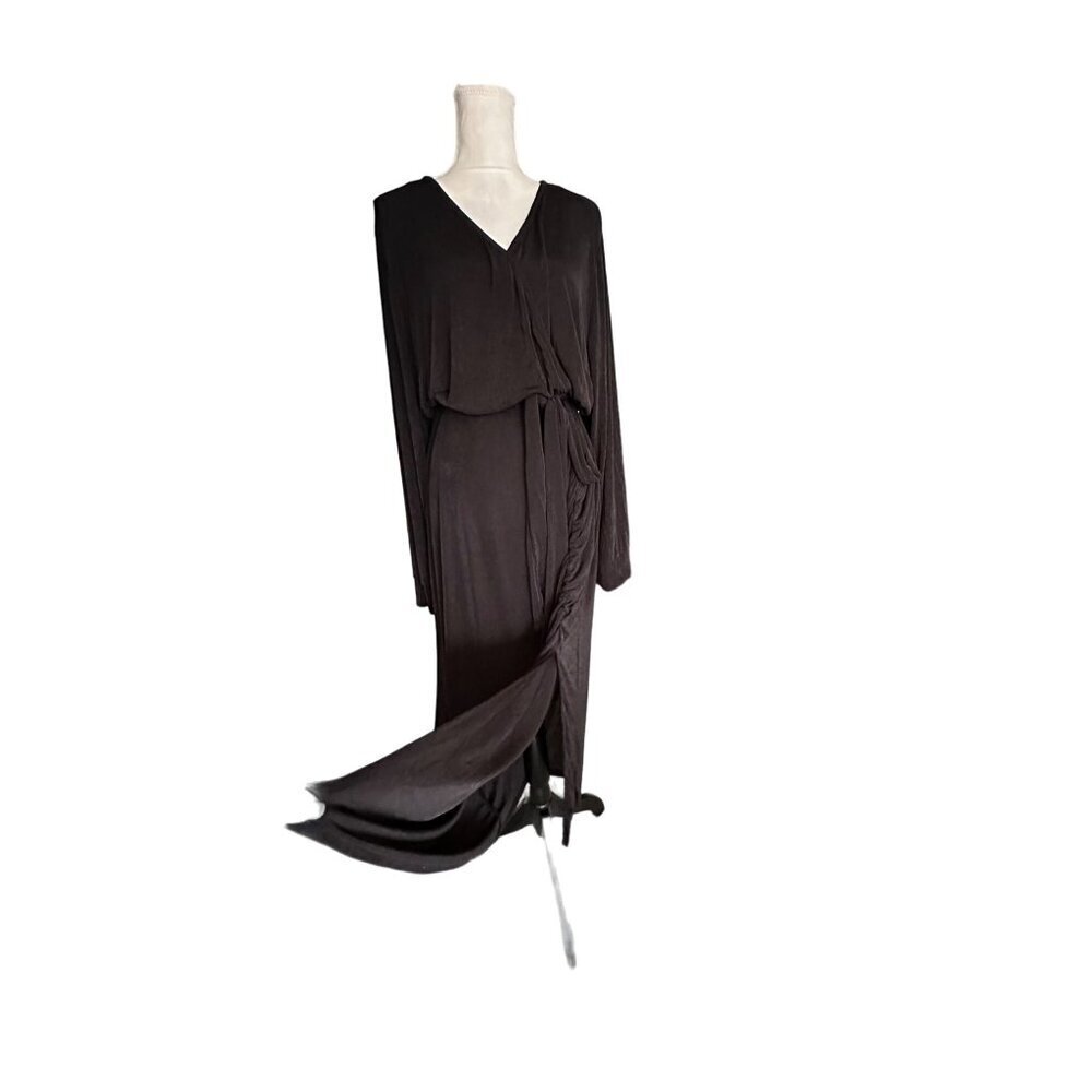 Ashley Sport Black Stretchy Belted Waist Long Sleeve Evening Dress V Neck Ruched - Picture 5 of 12